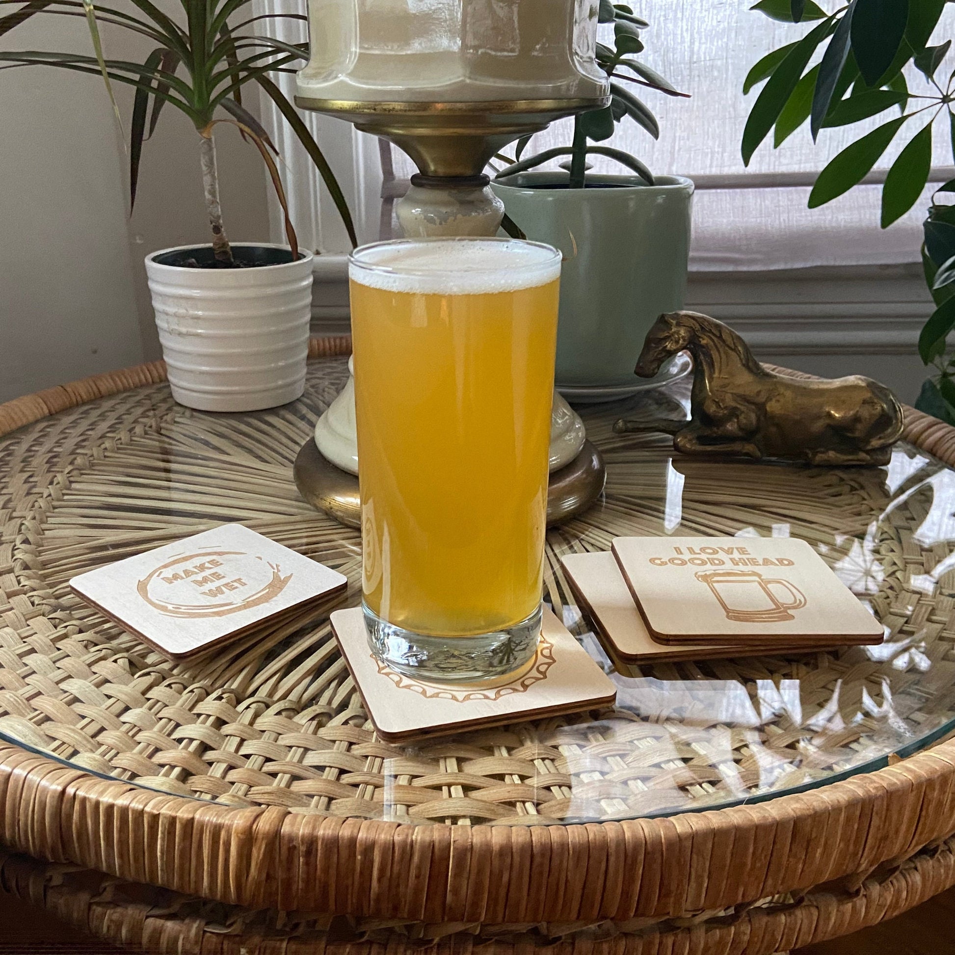 Beer Coasters | Set of 4 | Laser Engraved Real Wood Drink Coaster with Cork Backing - Housewarming Gift