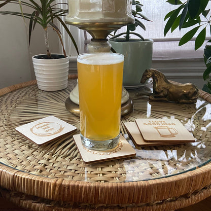 Beer Coasters | Set of 4 | Laser Engraved Real Wood Drink Coaster with Cork Backing - Housewarming Gift