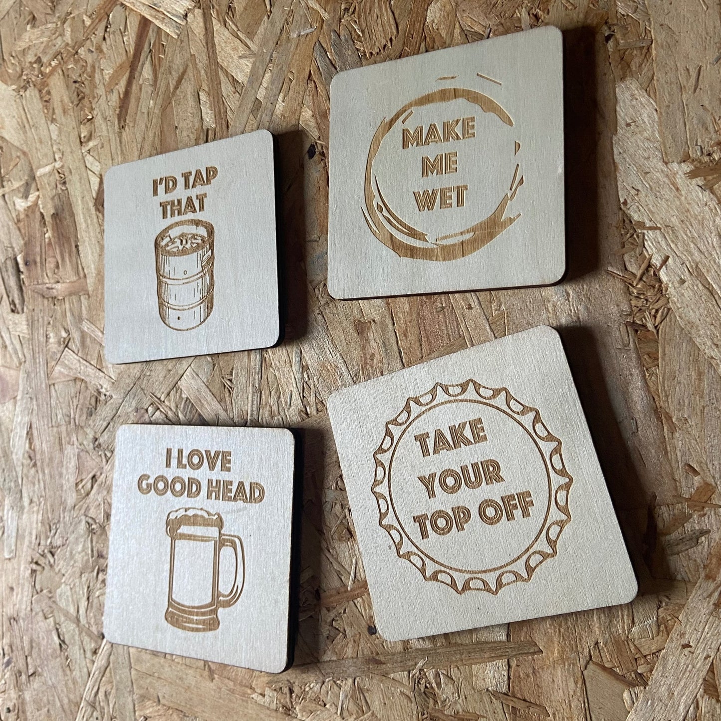 Funny Beer Coasters Set of 4 Wood Square Drink | Adult Humor | Home Bar | Dirty Jokes | Brewery Gifts | Craft Beer Nerd
