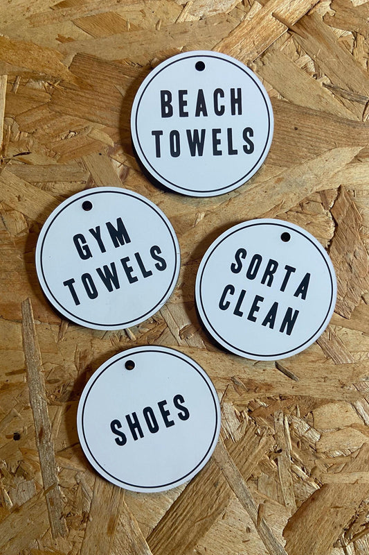 Custom Text Labels | Hamper Basket Tag Guest Bathroom Organization | Laser Engraved White and Black | Laundry Room Shoe Rack