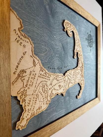 Cape Cod Map Framed Wood Map | Engraved Wooden Wall Hanging | 18x14.5”