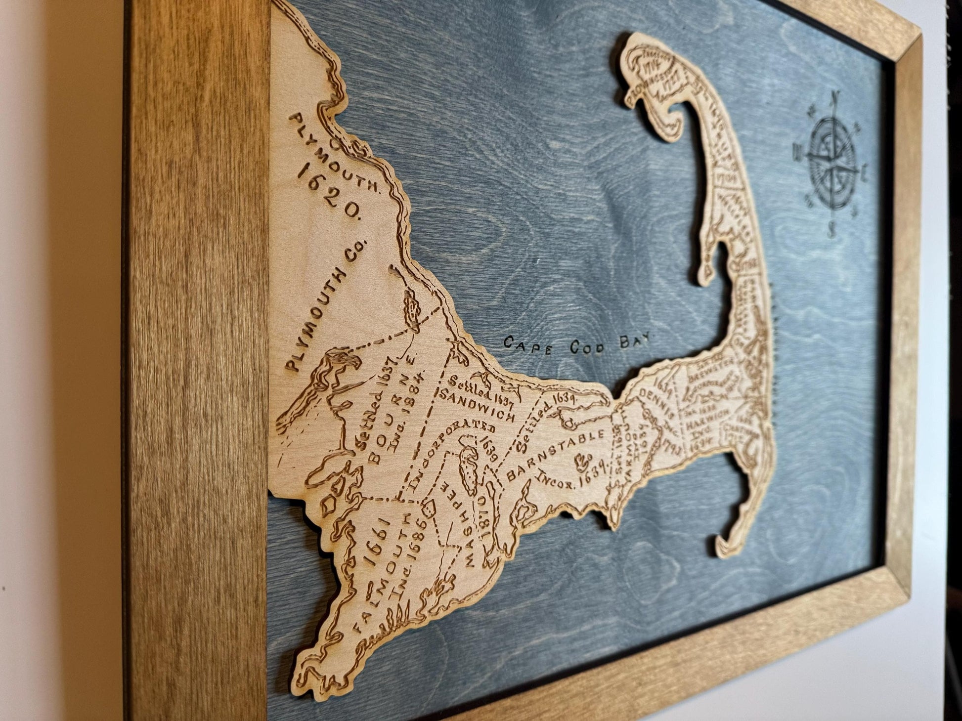 Cape Cod Map Framed Wood Map | Engraved Wooden Wall Hanging | 18x14.5”