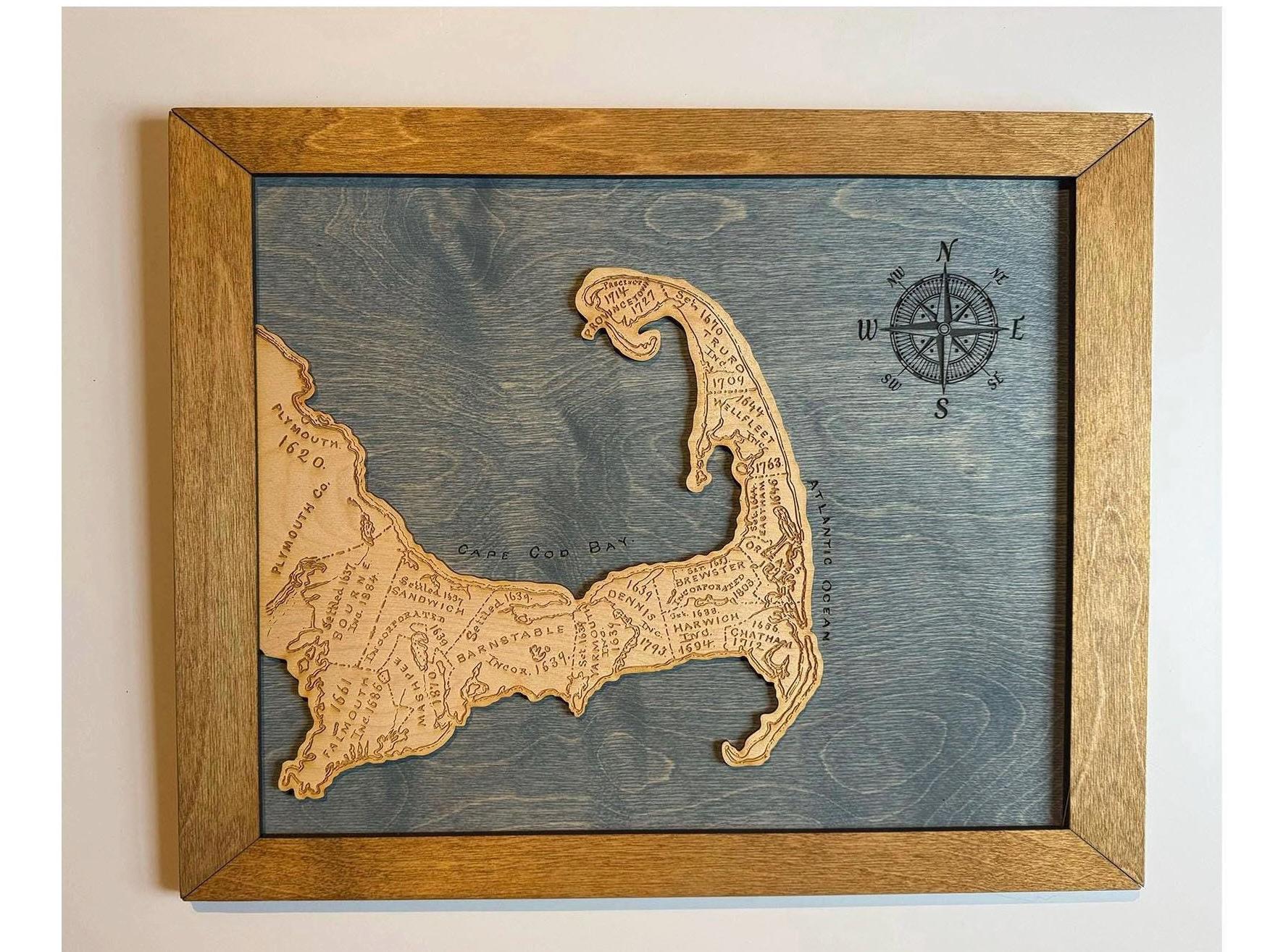 Cape Cod Map Framed Wood Map | Engraved Wooden Wall Hanging | 18x14.5”