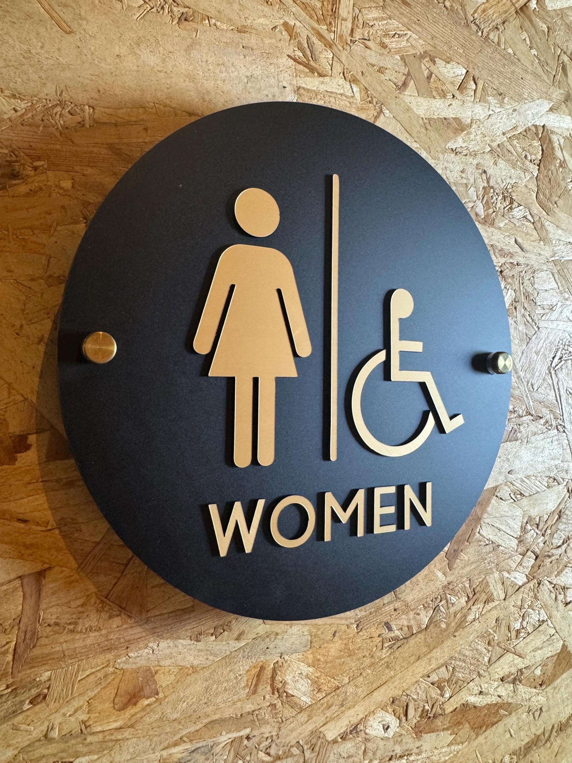 Black and Gold Acrylic Bathroom Sign | Unisex Men Women Handicap Designs | Business Restroom Signs