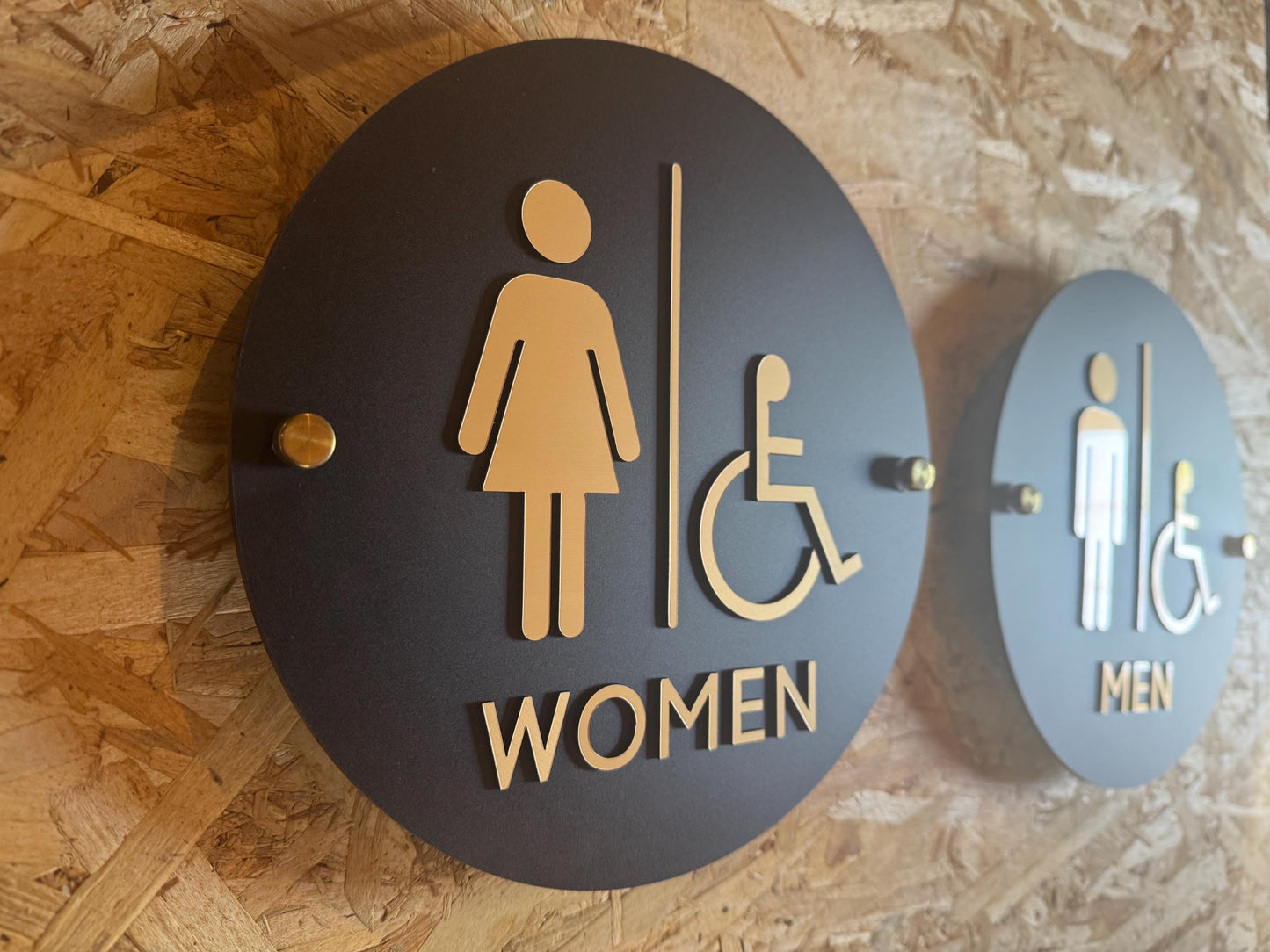 Black and Gold Acrylic Bathroom Sign | Unisex Men Women Handicap Designs | Business Restroom Signs