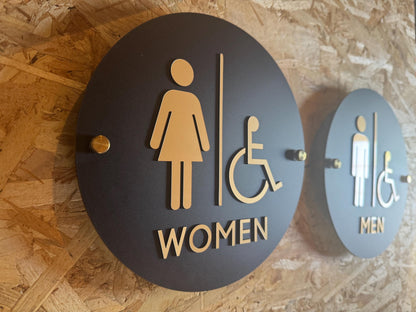 Black and Gold Acrylic Bathroom Sign | Unisex Men Women Handicap Designs | Business Restroom Signs