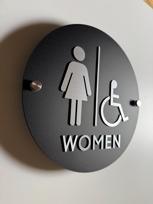 Black and Silver Acrylic Bathroom Sign | Unisex Men Women Handicap Designs | Business Restroom Signs