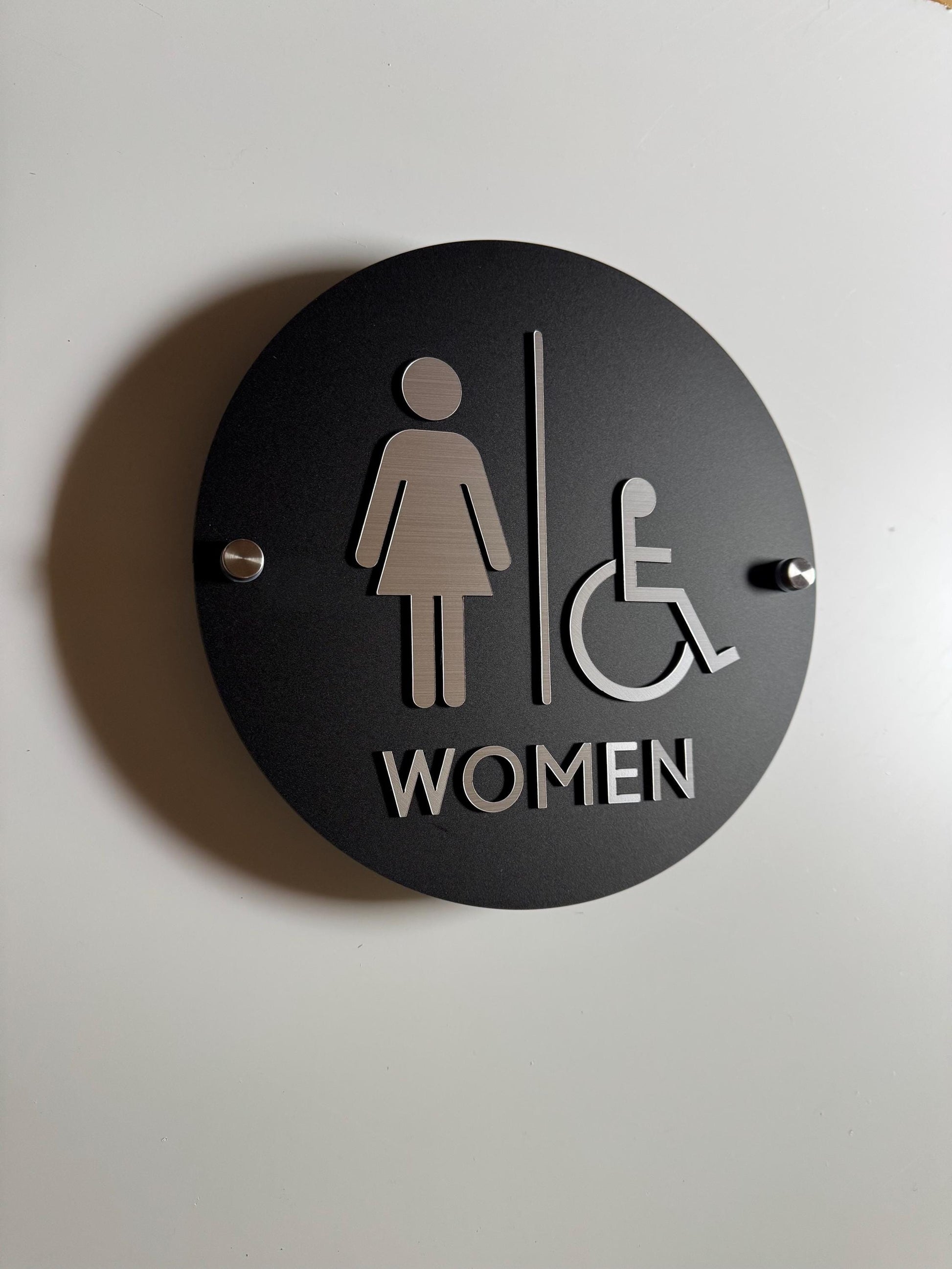 Black and Silver Acrylic Bathroom Sign | Unisex Men Women Handicap Designs | Business Restroom Signs