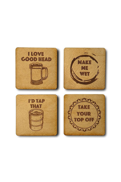 Beer Coasters | Set of 4 | Laser Engraved Real Wood Drink Coaster with Cork Backing - Housewarming Gift