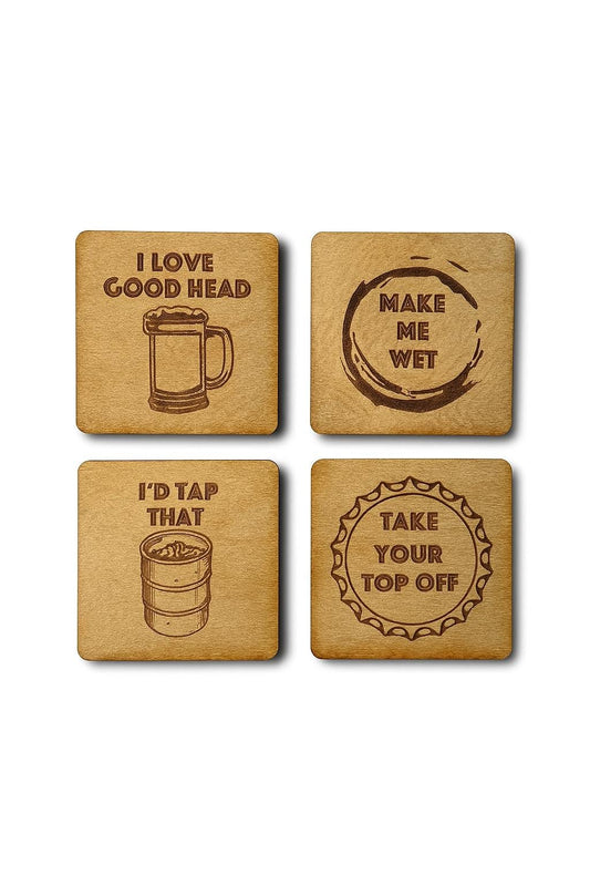 Beer Coasters | Set of 4 | Laser Engraved Real Wood Drink Coaster with Cork Backing - Housewarming Gift