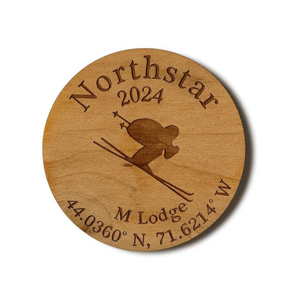 Custom Ski Lodge Name Coasters Engraved Wooden Drink Holders | Mountain Cabin Apres Ski Barware Set | | Cork Pad on Bottom