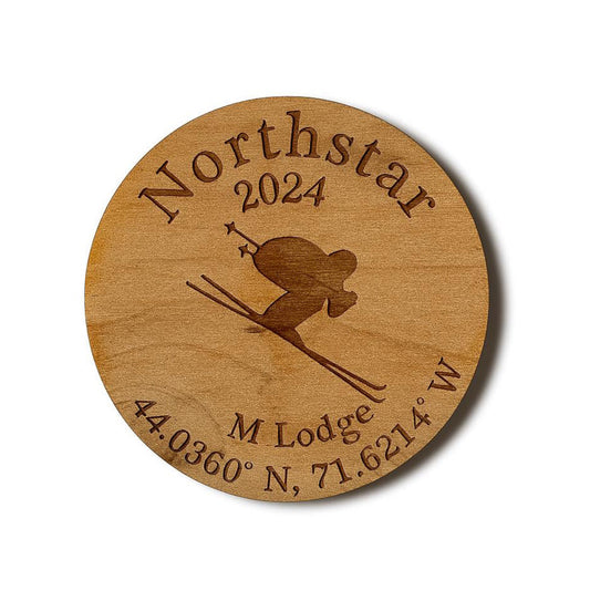 Custom Ski Lodge Name Coasters Engraved Wooden Drink Holders | Mountain Cabin Apres Ski Barware Set | | Cork Pad on Bottom