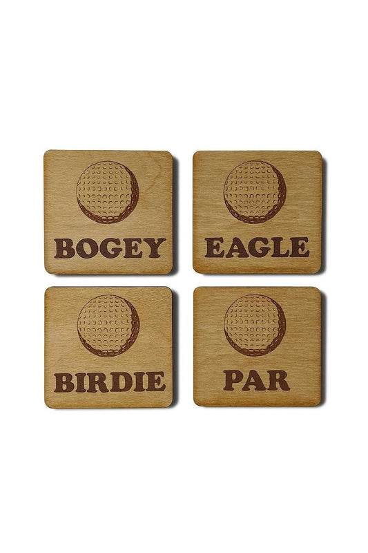 Golf Drink Coasters | Set of 4 Golf Ball Designs | Laser Engraved Real Wood with Cork Backing – Retirement Gift