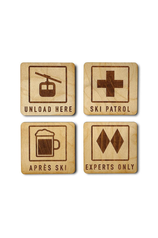Apres Ski Drink Coaster | Set of 4 Mountain Sports Designs | Laser Engraved Real Wood with Cork Backing – Ski Cabin Decor
