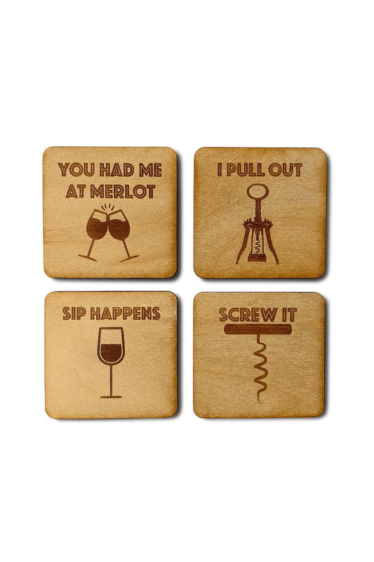 Wine Coasters | Set of 4 | Laser Engraved Real Wood with Cork Backing – Housewarming Gift