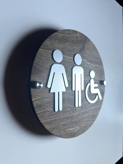 Wood & Silver Acrylic Bathroom Sign | Unisex Men Women Handicap Designs | Business Restroom Signs | Custom Sign | 1620 Designs