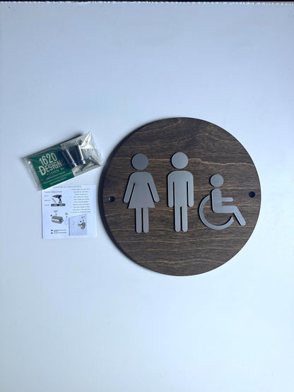 Wood & Gold Acrylic Bathroom Sign | Unisex Men Women Handicap Designs | Business Restroom Signs | Custom Sign | 1620 Designs