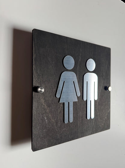 Wood & Silver Acrylic Bathroom Sign | Unisex Men Women Handicap Designs | Business Restroom Signs
