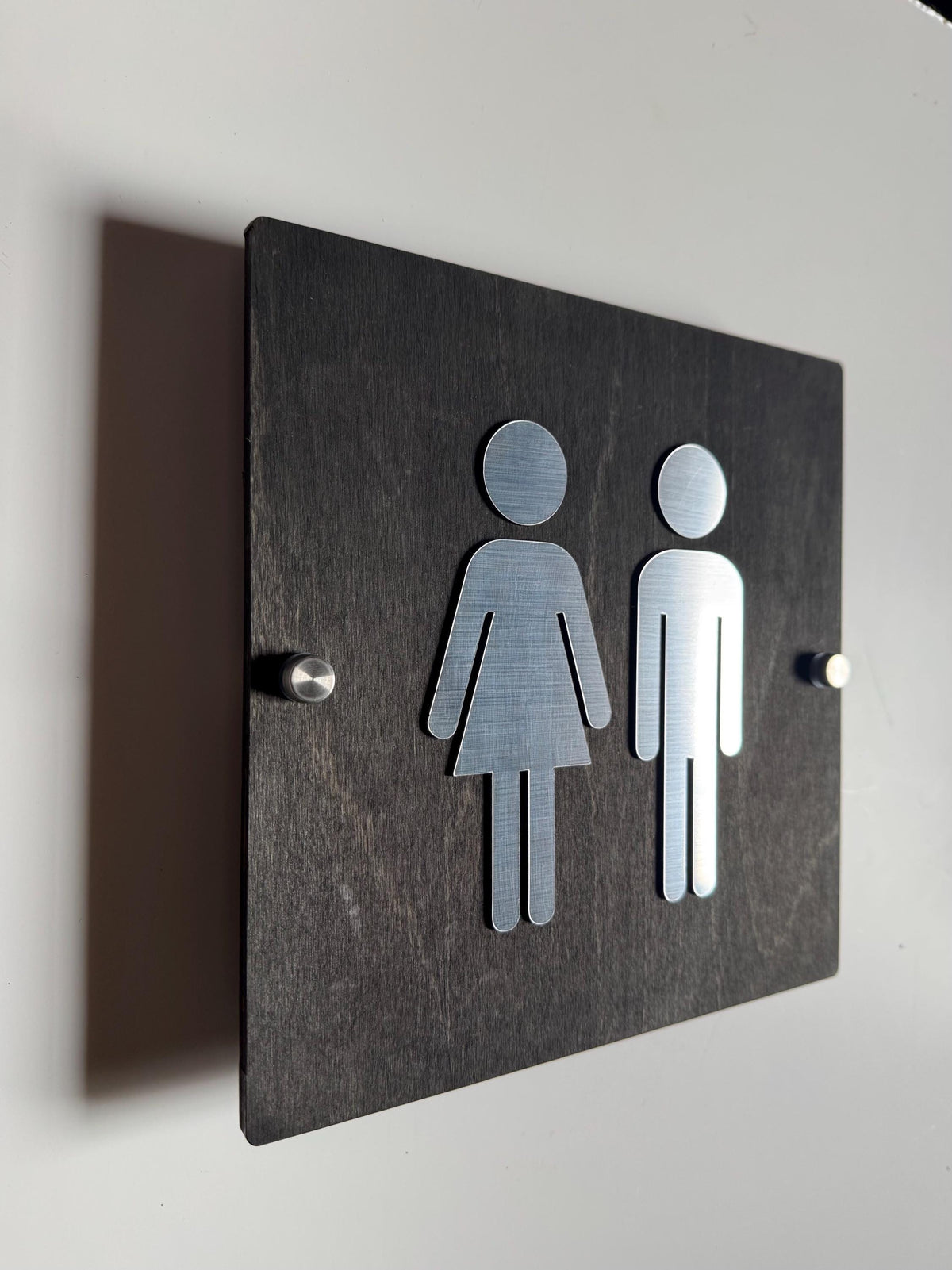Wood & Silver Acrylic Bathroom Sign | Unisex Men Women Handicap Designs | Business Restroom Signs | Custom Sign | 1620 Designs