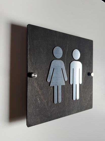 Wood & Silver Acrylic Bathroom Sign | Unisex Men Women Handicap Designs | Business Restroom Signs | Custom Sign | 1620 Designs