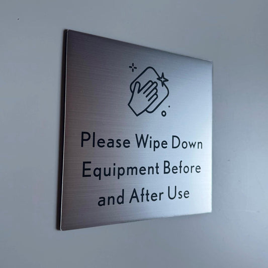 Please Wipe Down Equipment Before and After Use Sign 6x6" | Adhesive Backing | Pilates Yoga Fitness Gym