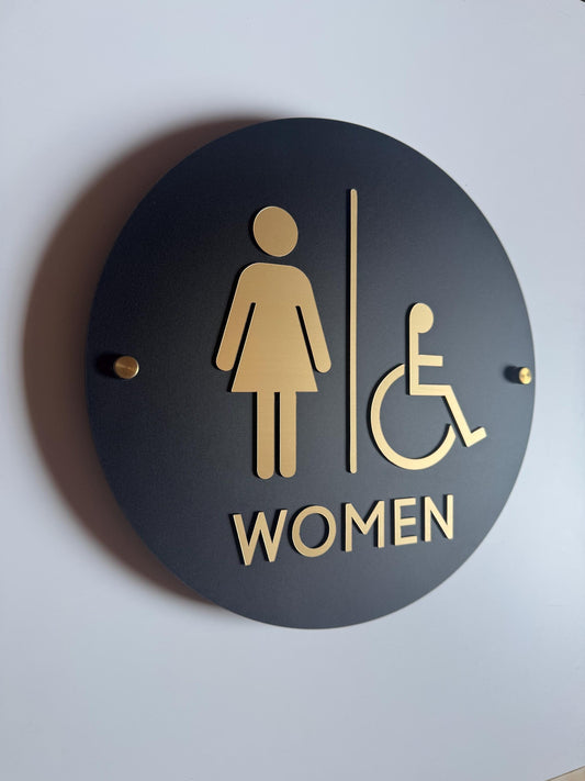 Black and Gold Acrylic Bathroom Sign | Unisex Men Women Handicap Designs | Business Restroom Signs