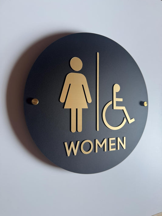 Black and Gold Acrylic Bathroom Sign | Unisex Men Women Handicap Designs | Business Restroom Signs | Custom Sign | 1620 Designs