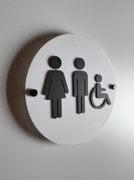 Black and White Acrylic Bathroom Sign | Unisex Men Women Handicap Designs | Business Restroom Signs | Custom Sign | 1620 Designs