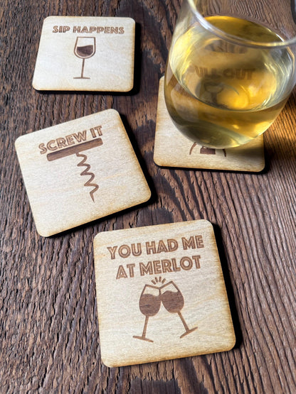 Wine Coasters | Set of 4 | Laser Engraved Real Wood with Cork Backing – Housewarming Gift