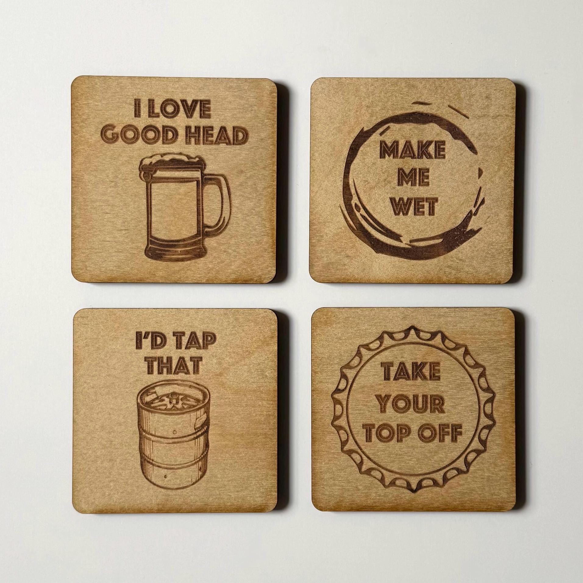 Beer Coasters | Set of 4 | Laser Engraved Real Wood Drink Coaster with Cork Backing - Housewarming Gift