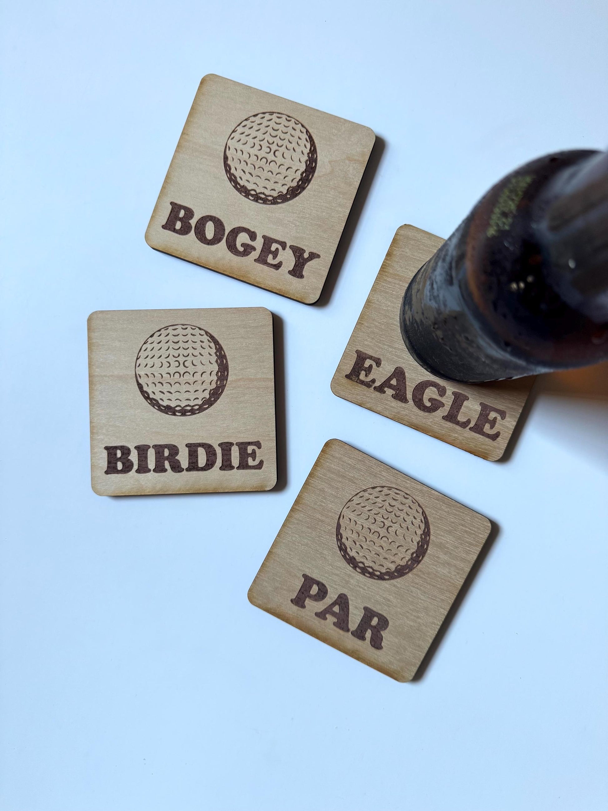 Golf Drink Coasters | Set of 4 Golf Ball Designs | Laser Engraved Real Wood with Cork Backing – Retirement Gift