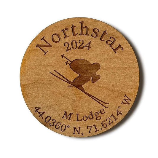 Custom Ski Lodge Name Coasters Engraved Wooden Drink Holders | Mountain Cabin Apres Ski Barware Set | | Cork Pad on Bottom | Custom Sign | 1620 Designs