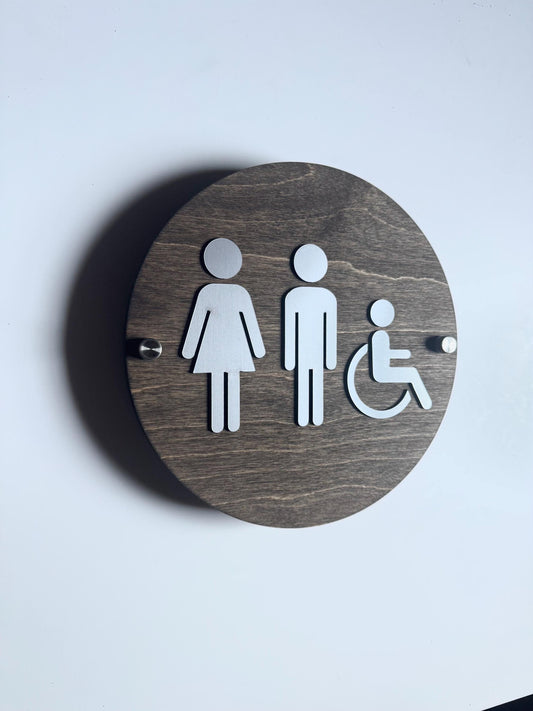 Wood & Silver Acrylic Bathroom Sign | Unisex Men Women Handicap Designs | Business Restroom Signs | Custom Sign | 1620 Designs