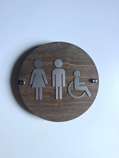 Wood & Silver Acrylic Bathroom Sign | Unisex Men Women Handicap Designs | Business Restroom Signs | Custom Sign | 1620 Designs