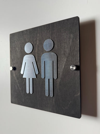 Wood & Silver Acrylic Bathroom Sign | Unisex Men Women Handicap Designs | Business Restroom Signs