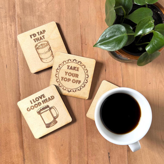 Beer Coasters | Set of 4 | Laser Engraved Real Wood Drink Coaster with Cork Backing - Housewarming Gift | Custom Sign | 1620 Designs