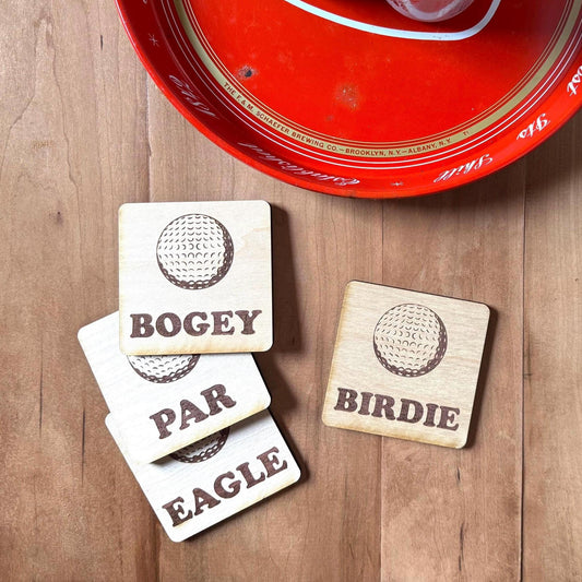 Golf Drink Coasters | Set of 4 Golf Ball Designs | Laser Engraved Real Wood with Cork Backing – Retirement Gift | Custom Sign | 1620 Designs
