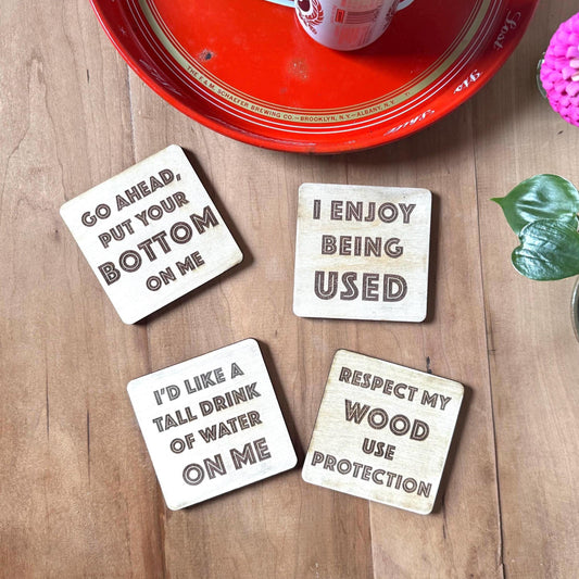 Funny Drink Coasters Set of 4 | Laser Engraved Real Wood with Cork Backing – Housewarming Gift | Custom Sign | 1620 Designs