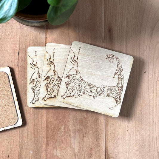Cape Cod Map Drink Coasters Set | Laser Engraved Real Wood with Cork Backing – East Coast Coastal Decor Housewarming Gift | Custom Sign | 1620 Designs
