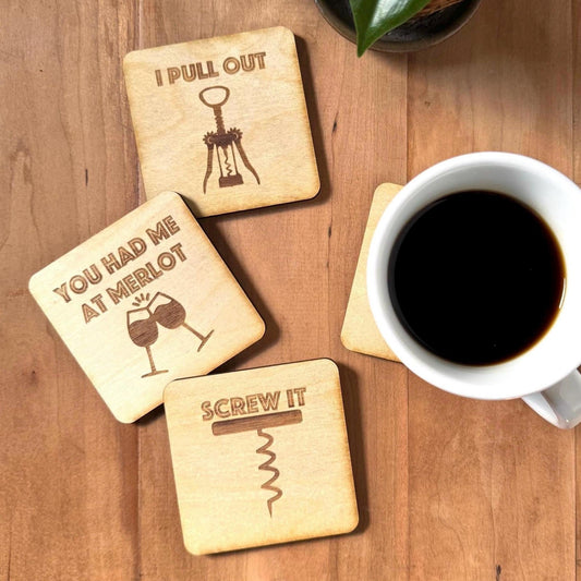 Wine Coasters | Set of 4 | Laser Engraved Real Wood with Cork Backing – Housewarming Gift | Custom Sign | 1620 Designs