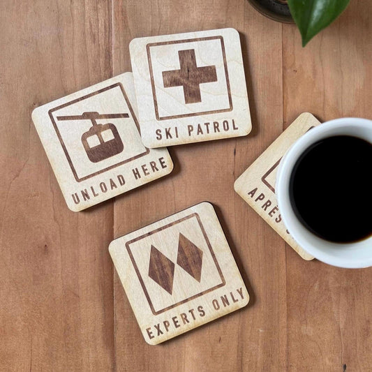 Apres Ski Drink Coaster | Set of 4 Mountain Sports Designs | Laser Engraved Real Wood with Cork Backing – Ski Cabin Decor | Custom Sign | 1620 Designs