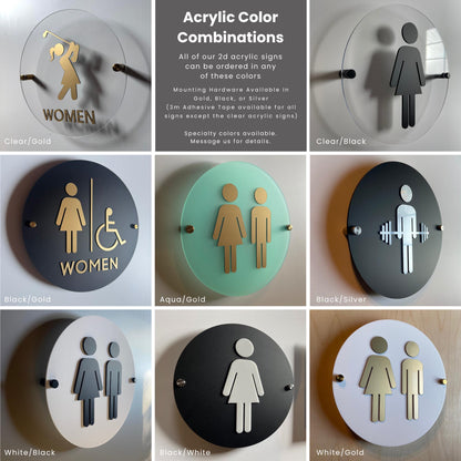 Frosted Acrylic and Gold Bathroom Sign | Unisex Men Women Handicap Designs | Business Restroom Signs