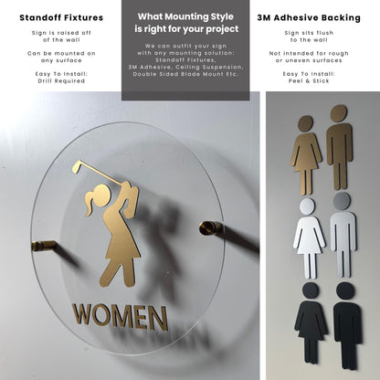 Frosted Acrylic and Gold Bathroom Sign | Unisex Men Women Handicap Designs | Business Restroom Signs