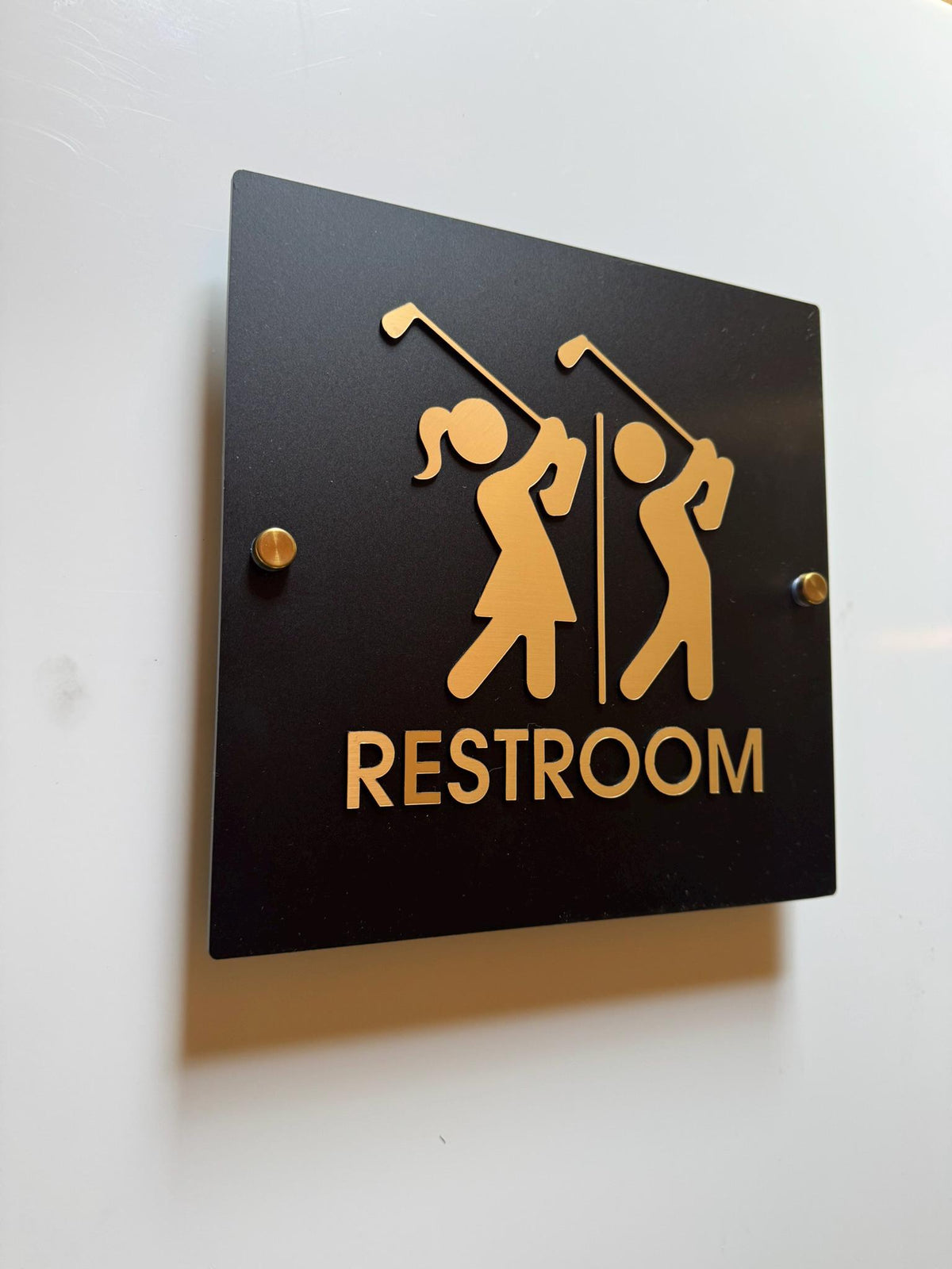 Black and Gold Golf Restroom Sign: Acrylic Country Club Decor Unisex Men Women Handicap Business Restroom Signs