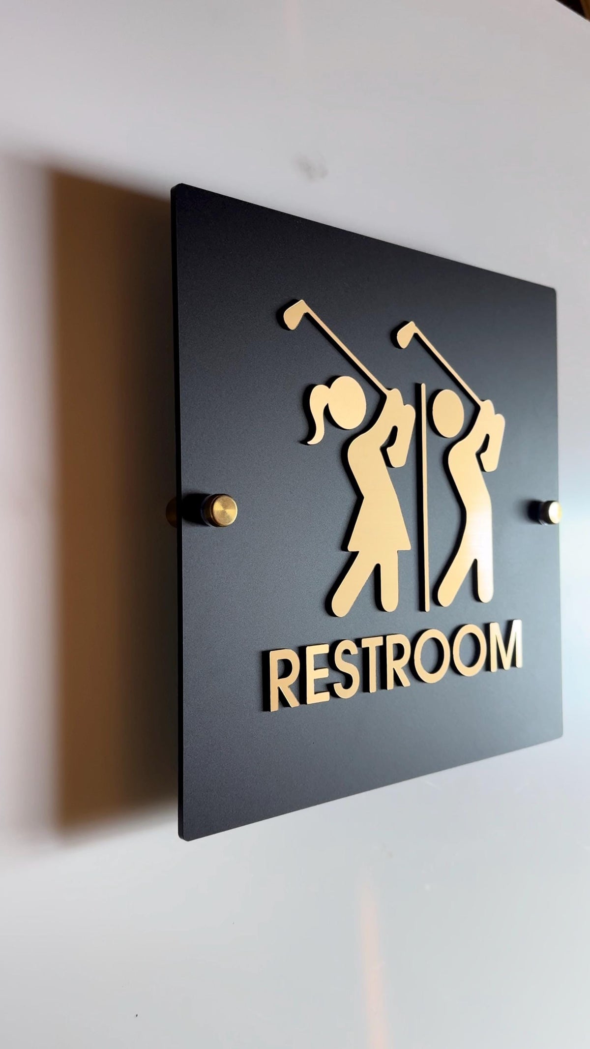 Black and Gold Golf Restroom Sign: Acrylic Country Club Decor Unisex Men Women Handicap Business Restroom Signs