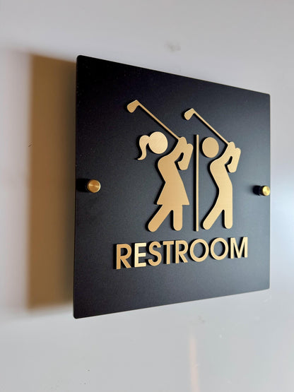 Black and Gold Golf Restroom Sign: Acrylic Country Club Decor Unisex Men Women Handicap Business Restroom Signs