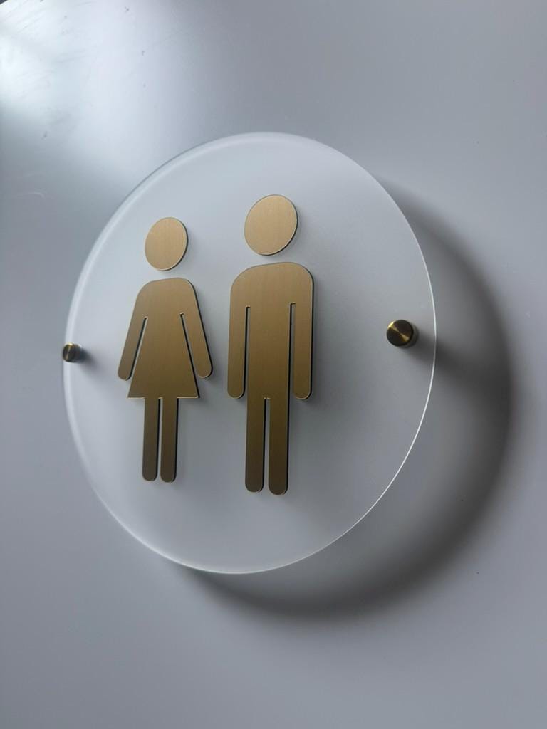 Frosted Acrylic and Gold Bathroom Sign | Unisex Men Women Handicap Designs | Business Restroom Signs