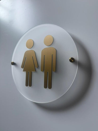 Frosted Acrylic and Gold Bathroom Sign | Unisex Men Women Handicap Designs | Business Restroom Signs