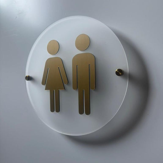 Frosted Acrylic and Gold Bathroom Sign | Unisex Men Women Handicap Designs | Business Restroom Signs | Custom Sign | 1620 Designs