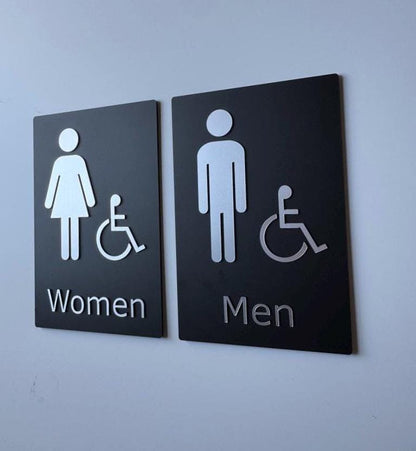 Matte Black & Silver Restroom Sign, 9x6"